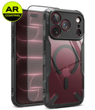 [Bundle] iPhone 18 Pro / Pro Max | Fusion-X Magnetic + AR Protectors - A clear and black protective phone case with a MagSafe ring, shown alongside a phone displaying AR Coating glass screen protectors. The Apple logo is visible through the case, indicating compatibility with an iPhone.