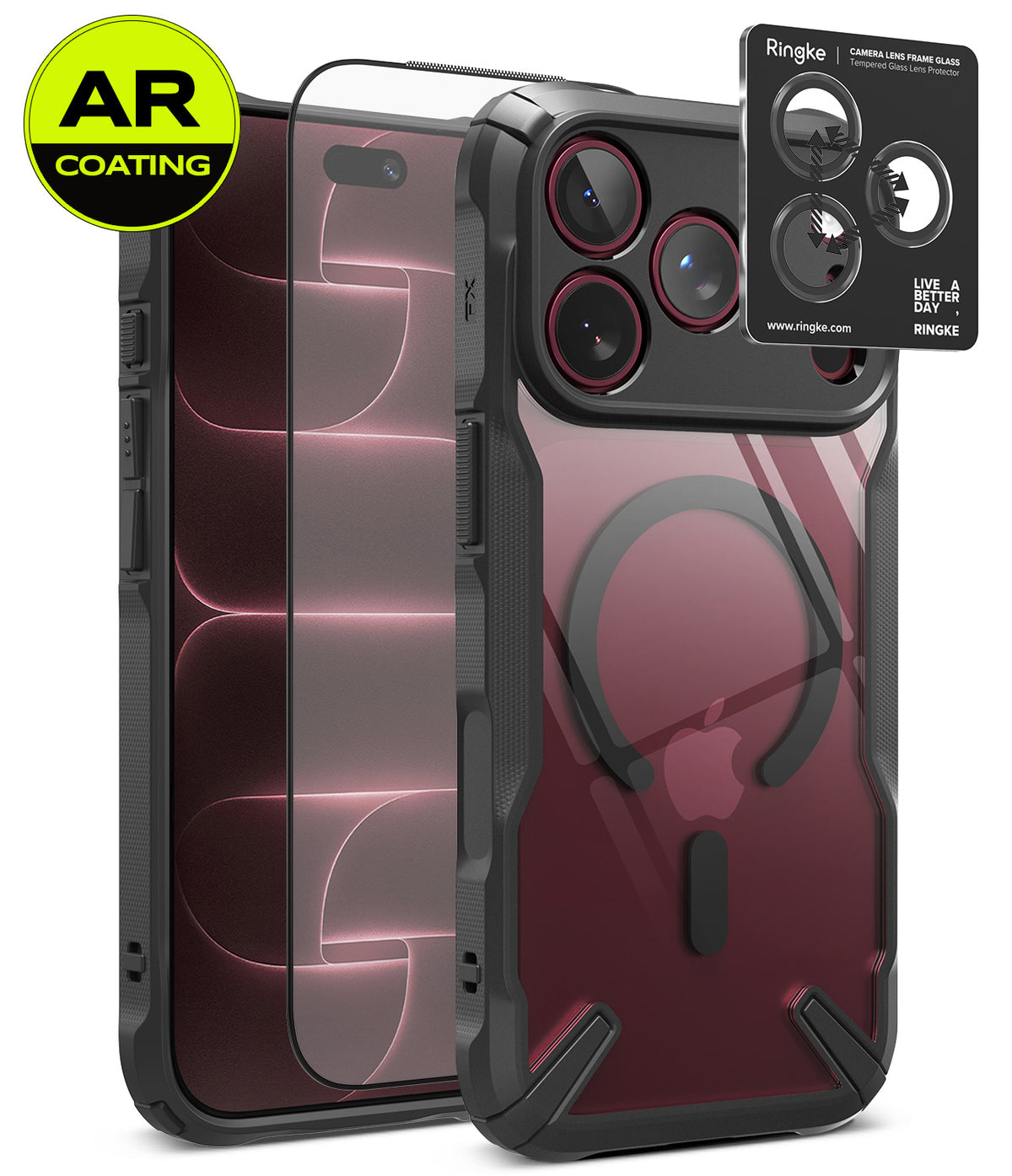 [Bundle] iPhone 18 Pro / Pro Max | Fusion-X Magnetic + AR Protectors - A clear and black protective phone case with a MagSafe ring, shown alongside two AR-coated screen protectors and a Ringke camera lens protector sticker. The Apple logo is visible through the case, indicating compatibility with an iPhone.
