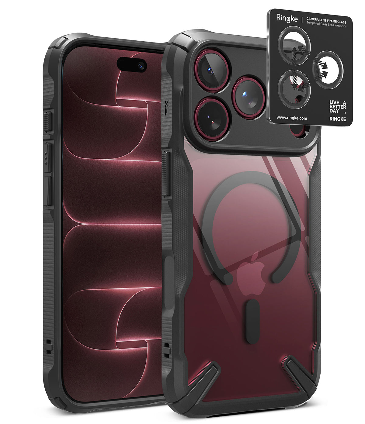 [Bundle] iPhone 18 Pro / Pro Max | Fusion-X Magnetic + AR Protectors - Ringke iPhone case with a clear back panel, black protective bumper edges, and a built-in camera lens protector shown on a white background.