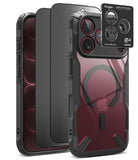 [Bundle] iPhone 18 Pro / Pro Max | Fusion-X Magnetic + Privacy Protectors - A clear protective phone case with a black bumper frame and a black MagSafe ring, shown on a smartphone. A small inset at the top right shows the Ringke camera lens protector card.