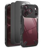 [Bundle] iPhone 18 Pro / Pro Max | Fusion-X + Privacy Protectors - A rugged protective phone case shown on a smartphone from multiple angles. The case is primarily black with a clear, transparent back panel, designed to fit a phone with a triple-camera setup.