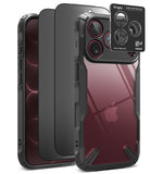 [Bundle] iPhone 18 Pro / Pro Max | Fusion-X + Privacy Protectors - A clear and black protective phone case with a black camera lens guard and a small black accessory card, shown on a white background. The Apple logo is visible on the phone inside the case.