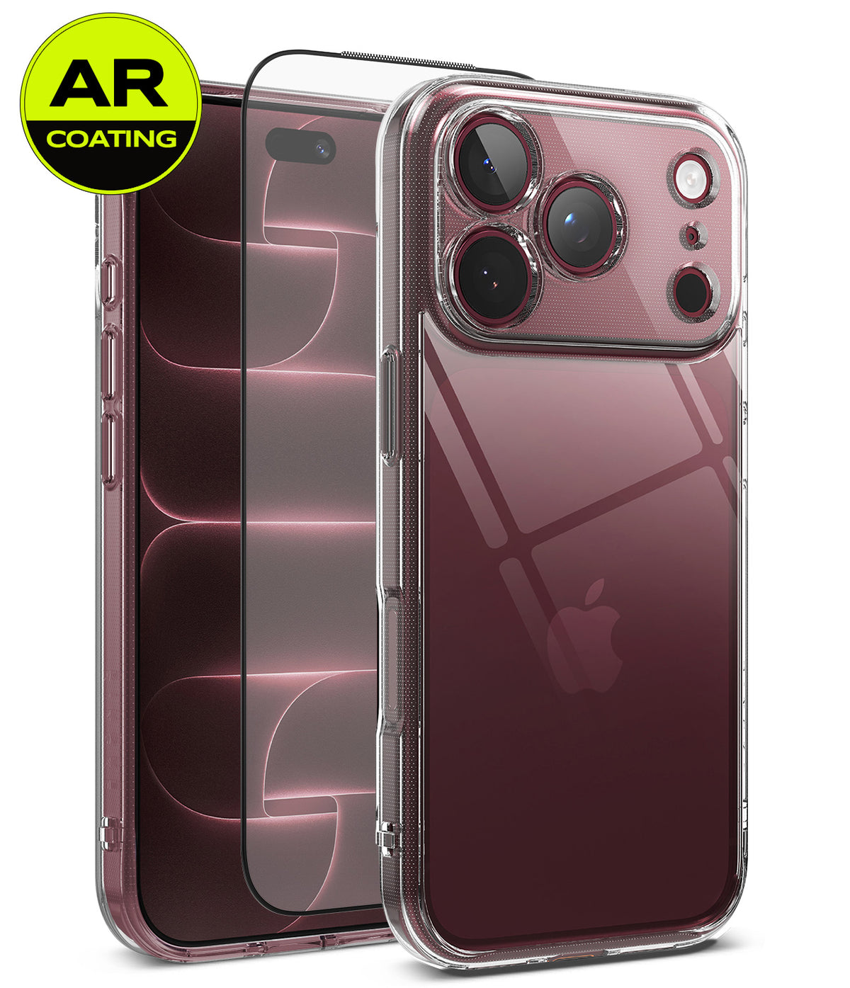 [Bundle] iPhone 18 Pro / Pro Max | Fusion + AR Protectors - Clear protective phone case with AR Coating shown on a smartphone, alongside two angled views of the screen protector and a yellow-green AR Coating badge on a white background.