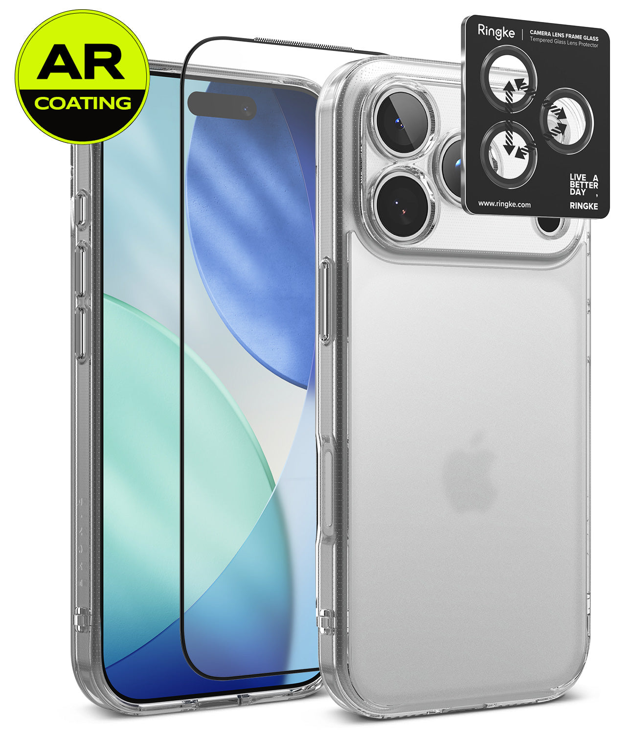 [Bundle] iPhone 18 Pro / Pro Max | Fusion + AR Protectors - Clear protective phone case shown on a smartphone, with two AR-coated screen protectors and a Ringke camera lens protector sticker displayed beside it on a white background.