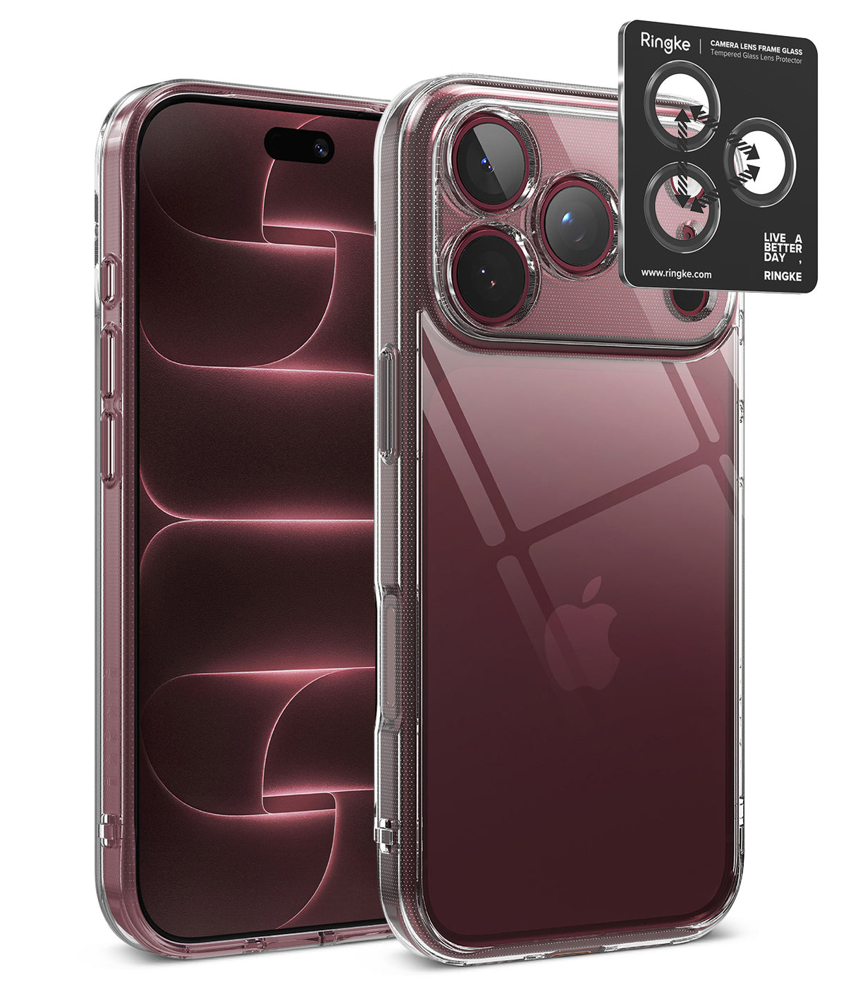 [Bundle] iPhone 18 Pro / Pro Max | Fusion + Privacy Protectors - A clear protective phone case shown on a smartphone, with a black Ringke camera lens protector sticker applied to the upper left corner of the case. The Apple logo is visible through the transparent case, indicating the phone inside is an iPhone.