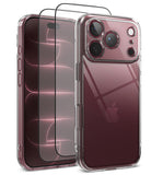 [Bundle] iPhone 18 Pro / Pro Max | Fusion + Protectors - Clear protective phone case with a raised camera bumper, shown on a smartphone from the back and front, with two black tempered glass screen protectors displayed in front on a white background.