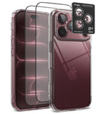 [Bundle] iPhone 18 Pro / Pro Max | Fusion + Protectors - Clear protective phone case with raised camera bezel shown on a smartphone, alongside two black tempered glass screen protectors and a black Ringke camera lens protector sticker, on a white background.