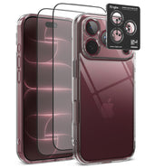 [Bundle] iPhone 18 Pro / Pro Max | Fusion + Protectors - Clear protective phone case with raised camera bezel shown on a smartphone, alongside two black tempered glass screen protectors and a black Ringke camera lens protector sticker, on a white background.