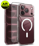 [Bundle] iPhone 18 Pro / Pro Max | Fusion Magnetic + AR Protectors - Clear protective phone case with a MagSafe ring on the back, shown alongside two AR-coated screen protectors and a yellow AR Coating badge. The phone inside the case shows a silver back with a visible Apple logo.