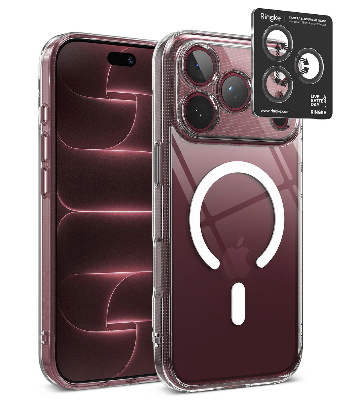 [Bundle] iPhone 18 Pro / Pro Max | Fusion Magnetic + Privacy Protectors - A clear protective phone case shown on a smartphone, with the back view featuring a large MagSafe ring and a black camera protector sticker labeled Ringke. The Apple logo is visible through the transparent case.
