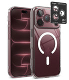 [Bundle] iPhone 18 Pro / Pro Max | Fusion Magnetic + Privacy Protectors - A clear protective phone case shown on a smartphone, with the back view featuring a large MagSafe ring and a black camera protector sticker labeled Ringke. The Apple logo is visible through the transparent case.