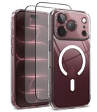 [Bundle] iPhone 18 Pro / Pro Max | Fusion Magnetic + Protectors - Clear protective phone case with MagSafe compatibility shown on a smartphone, alongside two tempered glass screen protectors, on a white background.