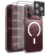[Bundle] iPhone 18 Pro / Pro Max | Fusion Magnetic + Protectors - Clear protective phone case with a raised camera bezel, shown on a smartphone from front and back angles, alongside two black tempered glass screen protectors and a black Ringke camera lens protector sticker.