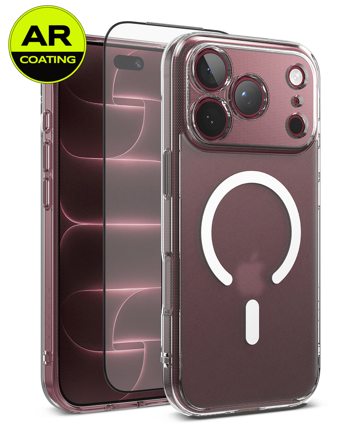 [Bundle] iPhone 18 Pro / Pro Max | Fusion Magnetic + AR Protectors - Clear protective phone case with a MagSafe ring on the back, shown alongside two AR-coated screen protectors and a yellow AR Coating badge. The phone inside the case shows a silver back with a visible Apple logo.