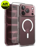 [Bundle] iPhone 18 Pro / Pro Max | Fusion Magnetic + AR Protectors - Clear protective phone case with a MagSafe ring on the back, shown alongside two AR-coated screen protectors and a yellow AR Coating badge. The phone inside the case shows a silver back with a visible Apple logo.