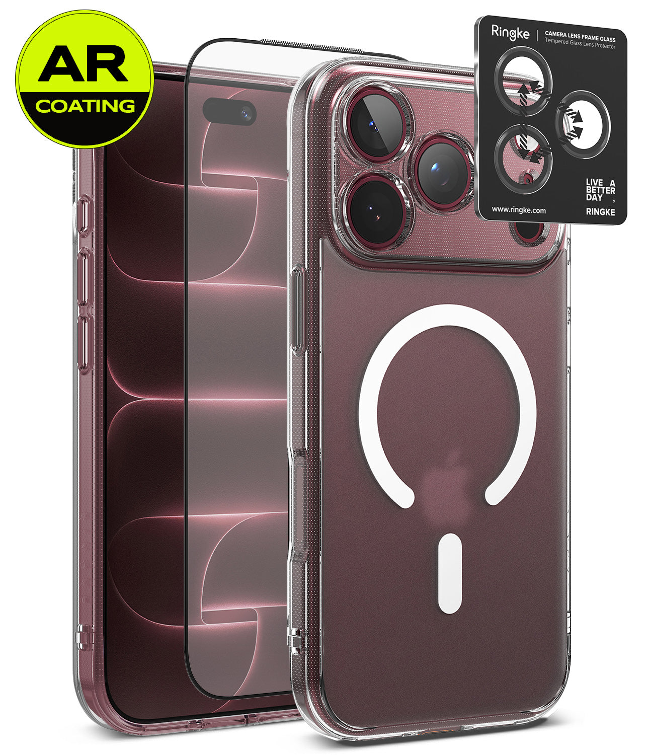 [Bundle] iPhone 18 Pro / Pro Max | Fusion Magnetic + AR Protectors - Clear protective phone case shown on a smartphone, with two AR-coated screen protectors and a Ringke camera lens protector sticker displayed beside it on a white background.