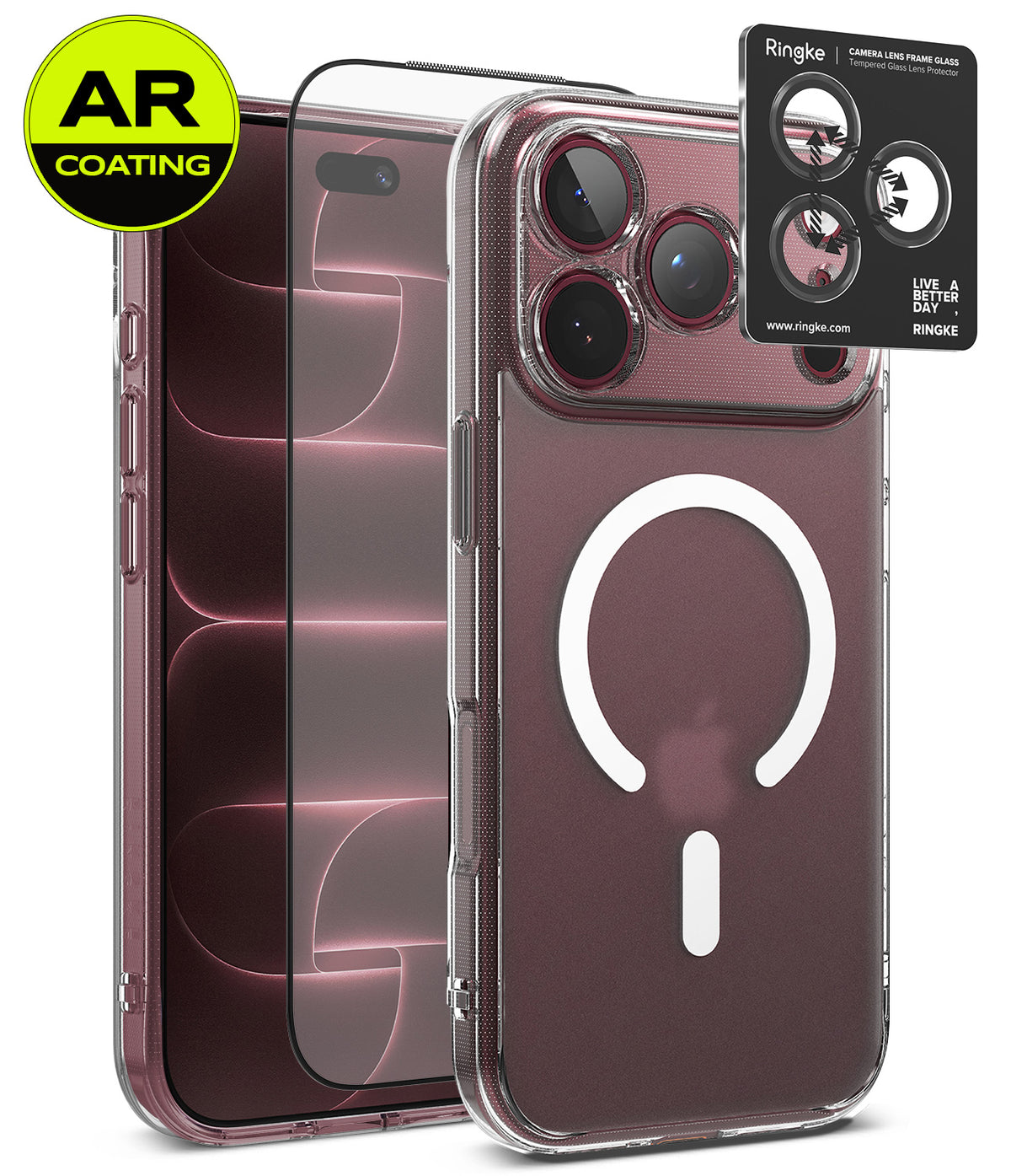 [Bundle] iPhone 18 Pro / Pro Max | Fusion Magnetic + AR Protectors - Clear protective phone case shown on a smartphone, with two AR-coated screen protectors and a Ringke camera lens protector sticker displayed beside it on a white background.