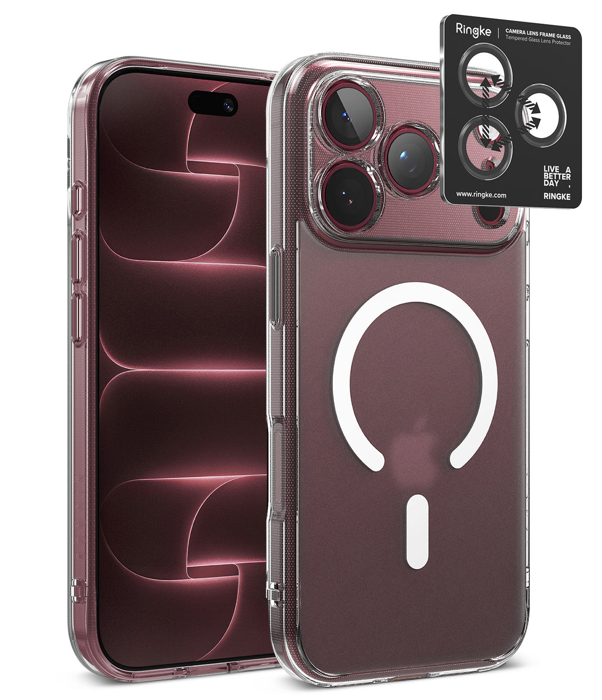 [Bundle] iPhone 18 Pro / Pro Max | Fusion Magnetic + Protectors - A clear protective phone case shown on a smartphone, with the back view featuring a large white MagSafe ring and a black Ringke camera lens protector sticker applied near the top right. The phone screen is visible on the left, and the Ringke branding is visible on the accessory sticker.
