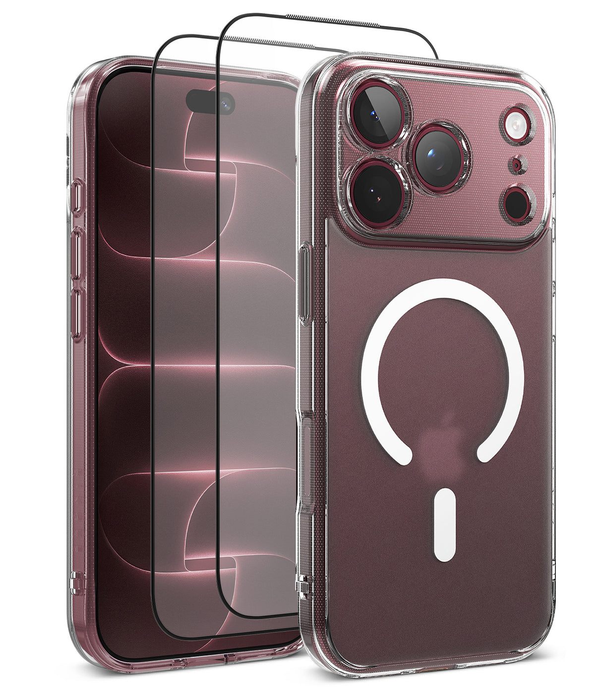 [Bundle] iPhone 18 Pro / Pro Max | Fusion Magnetic + Protectors - A clear protective phone case shown on a smartphone, alongside two black tempered glass screen protectors. The case features a white MagSafe-compatible circular ring on the back.