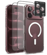 [Bundle] iPhone 18 Pro / Pro Max | Fusion Magnetic + Protectors - Clear protective phone case with a MagSafe-compatible ring on the back, shown alongside two black tempered glass screen protectors and a black Ringke camera lens protector sticker on a white background.