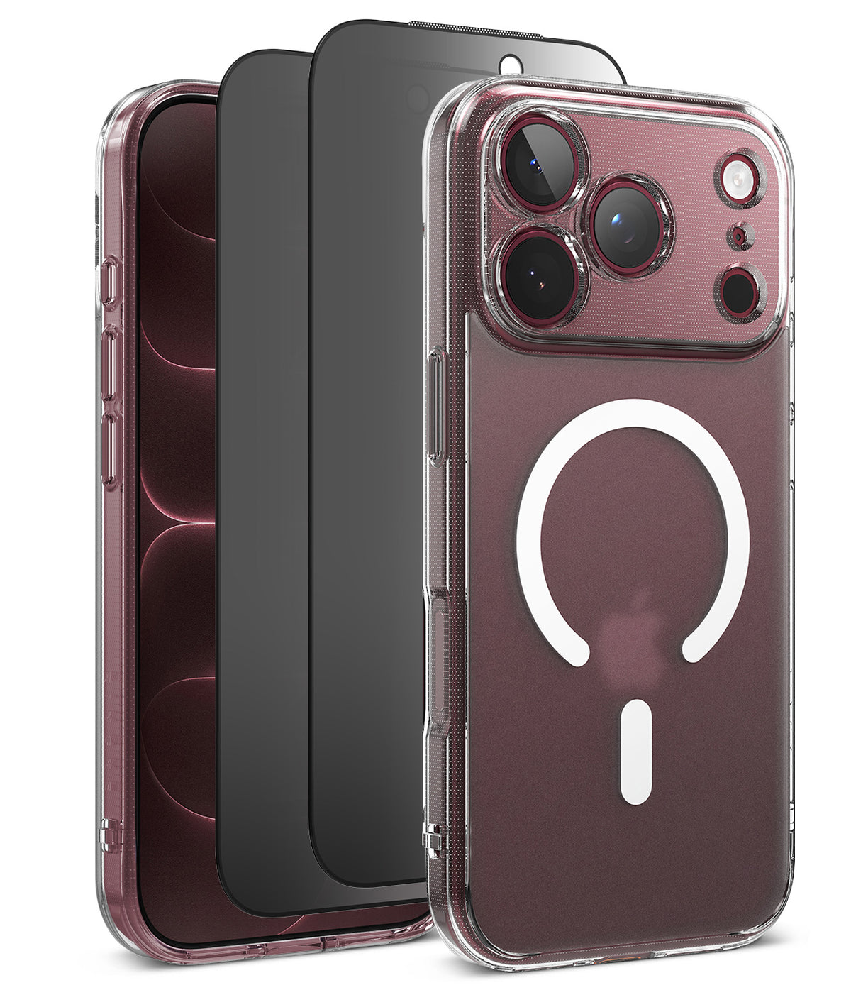 [Bundle] iPhone 18 Pro / Pro Max | Fusion Magnetic + Privacy Protectors - Three transparent phone cases shown on smartphones against a white background, with the front case featuring a white MagSafe ring and a raised camera cutout.