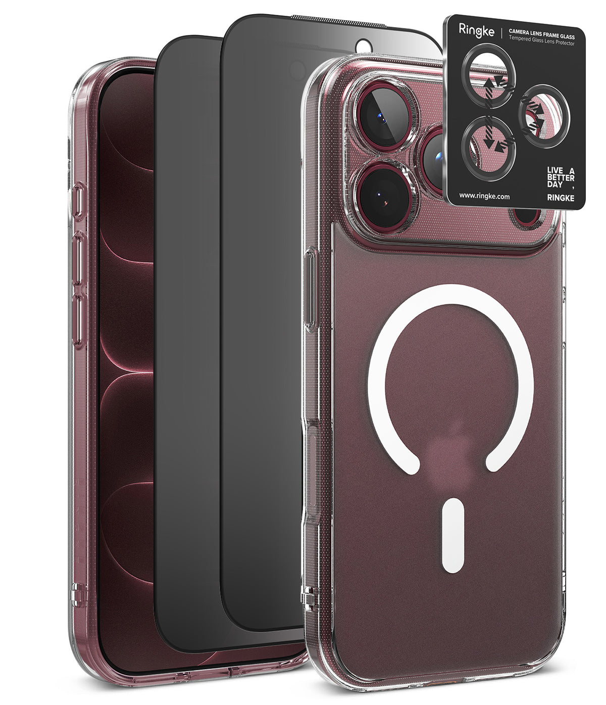 [Bundle] iPhone 18 Pro / Pro Max | Fusion Magnetic + Privacy Protectors - A clear protective phone case with a white MagSafe ring is shown on a smartphone, alongside black privacy film and a black Ringke camera lens protector overlay, on a clean white background.