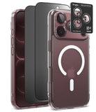 [Bundle] iPhone 18 Pro / Pro Max | Fusion Magnetic + Privacy Protectors - A clear protective phone case with a white MagSafe ring is shown on a smartphone, alongside black privacy film and a black Ringke camera lens protector overlay, on a clean white background.