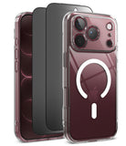 [Bundle] iPhone 18 Pro / Pro Max | Fusion Magnetic + Privacy Protectors - Three transparent phone cases shown on smartphones against a white background, with the front case featuring a white MagSafe ring on the back.