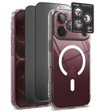[Bundle] iPhone 18 Pro / Pro Max | Fusion Magnetic + Privacy Protectors - Three transparent phone cases shown on smartphones against a white background, with a black Ringke camera lens protector sticker applied to the right case. The Ringke brand is visible on the protector.