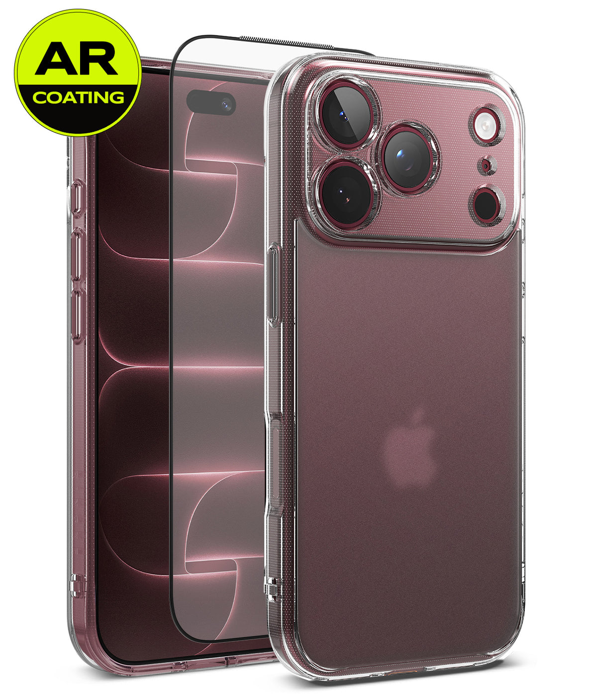 [Bundle] iPhone 18 Pro / Pro Max | Fusion + AR Protectors - Clear AR Coating phone case shown on a smartphone, with two transparent screen protectors overlaid and a yellow-green AR Coating badge in the top-left corner. The Apple logo is visible on the phone inside the case.
