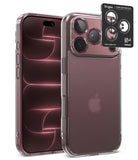 [Bundle] iPhone 18 Pro / Pro Max | Fusion + AR Protectors - A clear protective phone case shown on a smartphone, with a black Ringke camera lens protector sticker applied to the upper left corner of the case. The Apple logo is visible through the transparent case, indicating the phone is an iPhone.