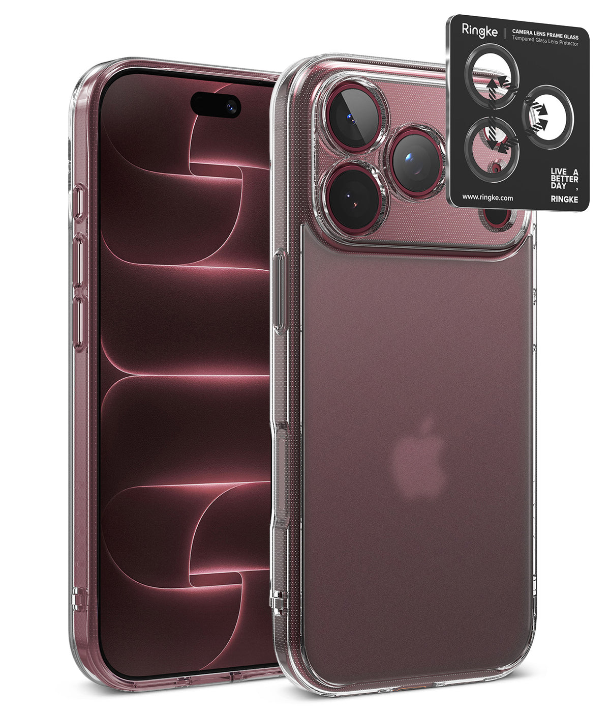 [Bundle] iPhone 18 Pro / Pro Max | Fusion + Privacy Protectors - A clear protective phone case shown on a smartphone, with a black Ringke camera lens protector sticker applied to the upper left corner of the case. The Apple logo is visible through the transparent case, indicating the phone is an iPhone.