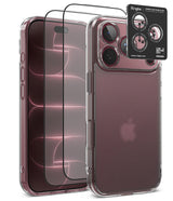 [Bundle] iPhone 18 Pro / Pro Max | Fusion + Protectors - Clear protective phone case shown on a smartphone, with two black tempered glass screen protectors and a black Ringke camera lens protector sticker displayed beside it on a white background.