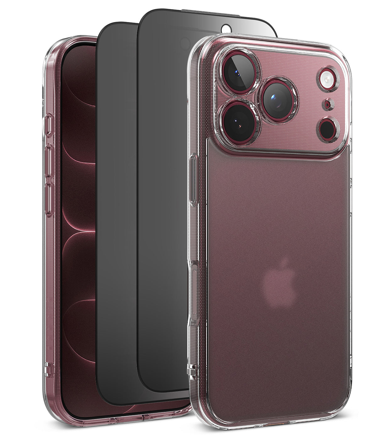 [Bundle] iPhone 18 Pro / Pro Max | Fusion + Privacy Protectors - Three transparent phone cases shown on smartphones against a white background, with the front case on the right in sharp focus and the other two cases layered behind it in soft focus.