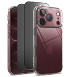 [Bundle] iPhone 18 Pro / Pro Max | Fusion + Privacy Protectors - Three clear protective phone cases shown on smartphones against a white background, with the front case on the right in sharper focus.