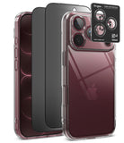[Bundle] iPhone 18 Pro / Pro Max | Fusion + Privacy Protectors - Three smartphone camera lens protectors shown on phones: a clear case with a black lens protector, a black protector, and a clear case with a clear lens protector. A black Ringke camera lens protector card is shown at the top right.