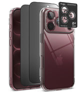 [Bundle] iPhone 18 Pro / Pro Max | Fusion + Privacy Protectors - Three smartphone camera lens protectors shown on phones: a clear case with a black lens protector, a black protector, and a clear case with a clear lens protector. A black Ringke camera lens protector card is shown at the top right.