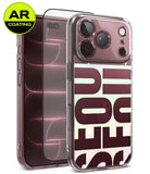 [Bundle] iPhone 18 Pro / Pro Max | Fusion Design + AR Protectors - Clear protective phone case with a holographic iridescent letter pattern on the back, shown alongside two black AR-coated screen protectors and a green circular 'AR COATING' badge. The phone inside the case appears to be an iPhone.