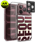 [Bundle] iPhone 18 Pro / Pro Max | Fusion Design + AR Protectors - Clear protective phone case with large gray lettering, shown alongside two black AR-coating lens protectors and a Ringke camera lens protector sticker on a white background.