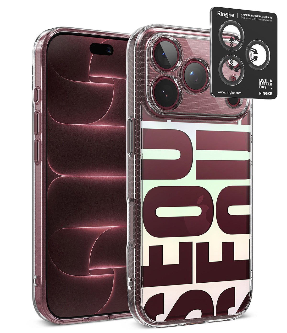 [Bundle] iPhone 18 Pro / Pro Max | Fusion Design + AR Protectors - A clear protective phone case with large translucent letter cutouts on the back, shown on a smartphone. A black Ringke camera lens protector sticker is shown overlapping the upper right of the case, with the Ringke brand card visible.