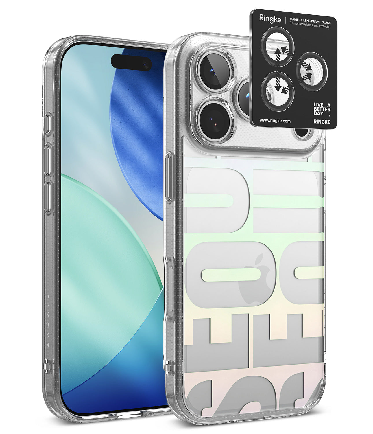 [Bundle] iPhone 18 Pro / Pro Max | Fusion Design + AR Protectors - A clear protective phone case with large translucent letter cutouts on the back, shown on a smartphone. A black Ringke camera lens protector sticker is shown overlapping the upper right of the case, with the Ringke brand card visible.
