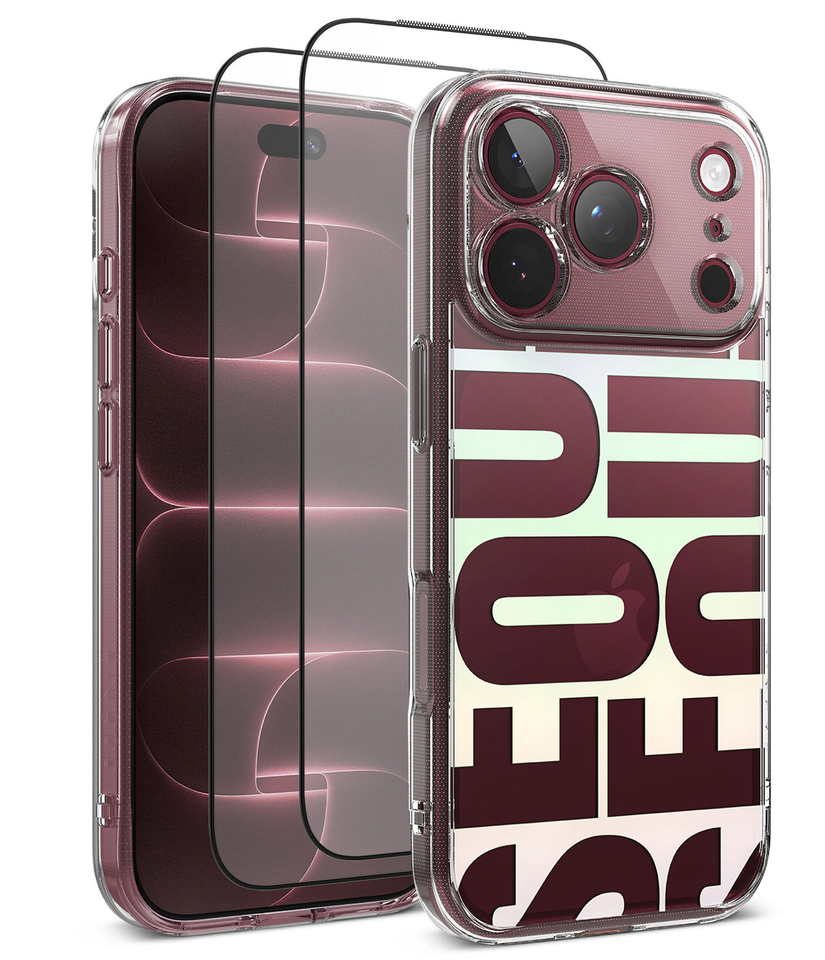 [Bundle] iPhone 18 Pro / Pro Max | Fusion Design + Protectors - A clear protective phone case with a bold pastel graphic print on the back, shown alongside two black tempered glass screen protectors on a white background.