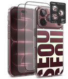 [Bundle] iPhone 18 Pro / Pro Max | Fusion Design + Protectors - Clear protective phone case with large translucent lettering on the back, shown alongside two black tempered glass screen protectors and a Ringke camera lens protector sticker on a white background.