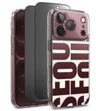 [Bundle] iPhone 18 Pro / Pro Max | Fusion Design + Privacy Protectors - Three transparent phone cases shown on smartphones against a white background, with the front case featuring large translucent pastel letters and a clear camera cutout.