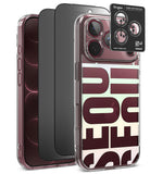 [Bundle] iPhone 18 Pro / Pro Max | Fusion Design + Privacy Protectors - Three Ringke phone cases shown on a smartphone: a clear case with large pale green and white lettering, a dark gray case, and a transparent case with a black camera-ring accessory. The image is on a clean white background.