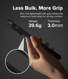 iPhone 18 Pro / Pro Max Case Fusion-X all-groups - A hand holds a slim black smartphone case against a dark gray background, with marketing text reading 'Less Bulk. More Grip' and feature callouts for weight 36.