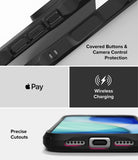 iPhone 18 Pro / Pro Max Case Fusion-X all-groups - A black protective phone case shown in a multi-panel feature graphic. The top panel shows close-up of the side buttons and camera area with text reading 'Covered Buttons & Camera Control Protection.