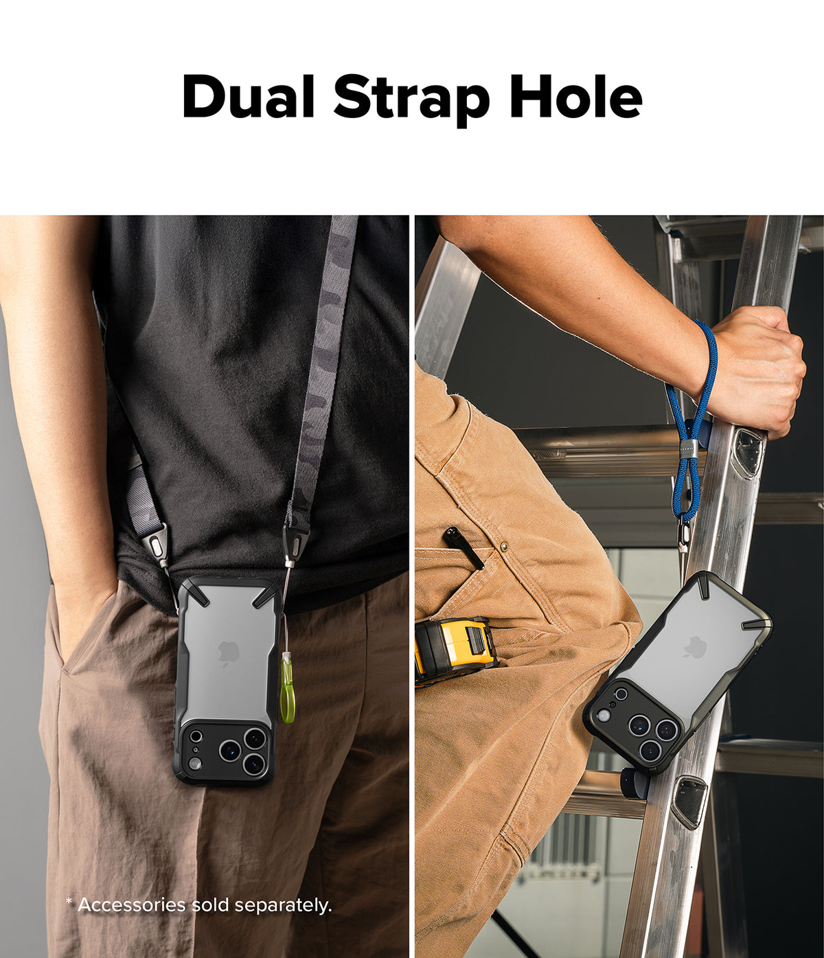 iPhone 18 Pro Max Case | Fusion-X - Phone case with dual strap holes being used by a person on a ladder and another person wearing it.