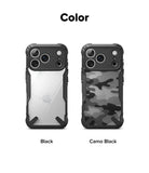iPhone 18 Pro Max Case | Fusion-X - Two phone cases shown side by side on a white background under the heading 'Color'. The left case is labeled 'Black' and has a clear back panel with a black bumper.