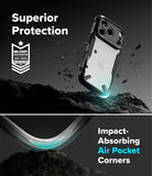 iPhone 18 Pro Max Case | Fusion-X - A clear and black protective phone case shown floating above dark rocks in a dramatic studio-style graphic. Text reads 'Superior Protection' with a military drop-tested badge, and the lower section highlights 'Impact-Absorbing Air Pocket Corners' with a close-up of the curved transparent corner material.
